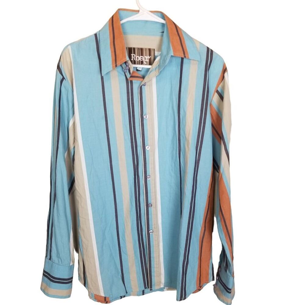 Roar Mens Y2K Striped Button Shirt Size M Preppy Cotton Breathable Lightweight